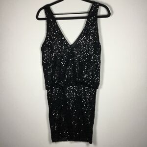 Astr Black All Over Sequin Glam Club Party Concert Deep V Mini Dress S/M